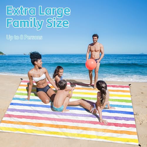 Beach Blanket Waterproof Sandproof Oversized Extra 79 * 88inch Sand Free Beach Mat with Stakes, Storage Bag - Essentials for Outdoor Beach, Picnic,Quick Drying Durable - color: Vintage Stripes, size: 6.6x7.2 FT (1～4 Person)
