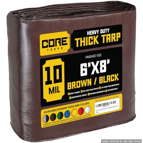 Core Tarps Heavy Duty 10 Mil Tarp Cover, Waterproof, UV Resistant, Rip and Tear Proof, Poly Tarpaulin with Reinforced Edges for Roof, Patio, Pool, Boat (Brown/Black 6′ X 8′) - color: Brown/Black-10 Mil, size: 6′ X 8′