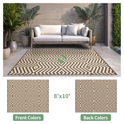 GENIMO Outdoor Rug for Patio Clearance, 8'x10' Reversible Plastic Straw Rugs, Lightweight Waterproof Modern RV Camping Mat for Camper, Balcony, Deck, Backyard, Picnic, Coffee Beige - color: Coffee&beige-x, size: 8' x 10' (Rectangular)