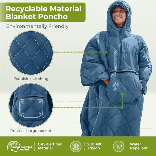 ATEPA Wearable Sleeping Bag, Recycled Water-Resistant Camping Blanket Poncho, Ultralight Packable Stadium Blanket for Outdoor - color: Blue