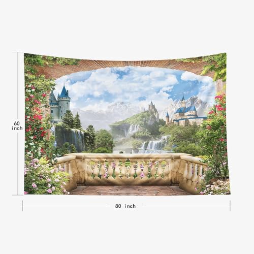 EMMTEEY Waterfall Tapestry - Colorful View from Balcony of Waterfalls With Castles - Dorm Wall Art 80X60 - Present for Families - color: Balcony Scenic, size: 80"L x 60"W