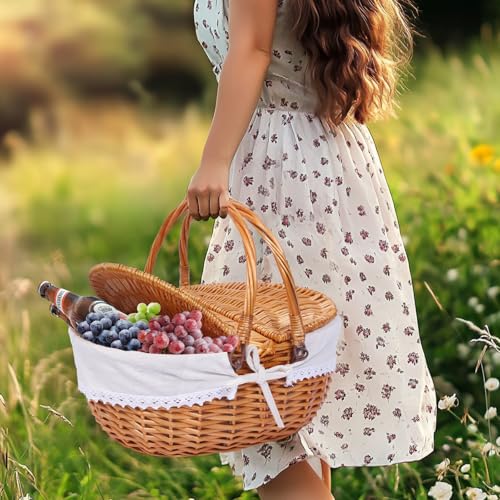 Wicker Picnic Basket with Handle, 15" Large Picnic Basket with Lid & Removable Liner, Vintage Hand Woven Basket with Cutlery Set for Picnics, Camping, Thanksgiving, and Birthday - color: Beige, size: 4-person