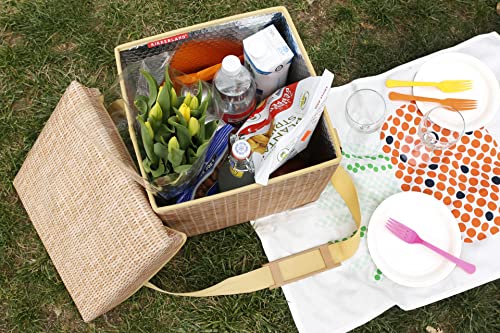 Kikkerland Insulated Collapsible Portable Wicker Picnic Hamper Basket Cooler Seat Carrying Strap for Picnics, Parties and BBQs