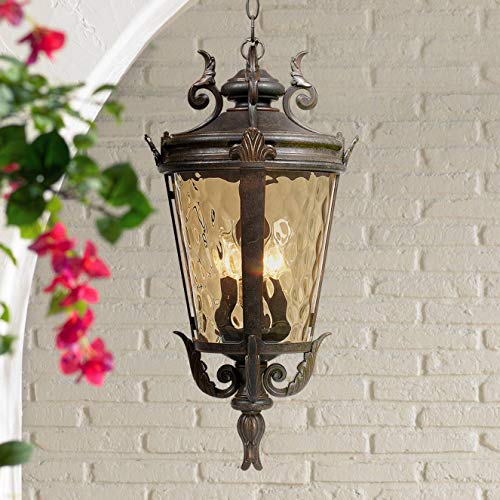 John Timberland Casa Marseille European Outdoor Ceiling Light Hanging Bronze Scroll 23 3/4" Hammered Glass Damp Rated for Exterior House Porch Patio Outside Deck Garage Front Door Home Roof - color: Bronze, size: 23.75" High