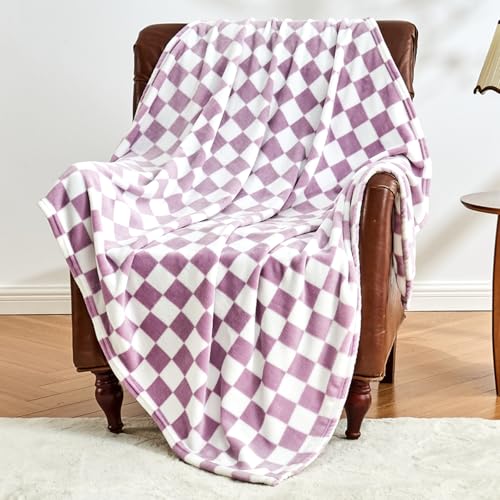 Edenleaf Checkered Blanket Flannel Throw Blankets Soft Cozy Checkered Grid Print Chessboard Gingham Pattern Throws for Bed Sofa Couch for All Seasons, 60x80 Inch, Purple - color: 01 Purple, size: Blanket-60"x80"