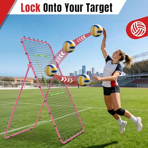 Suteck 7x4ft Volleyball Rebounder Net 2-Net System, 5-Angle Adjustable & Ultra-Durable Trainer for Spike, Serve, Passing & Solo Practice, Includes Storage Bag for Easy Travel & Portability - color: Pink