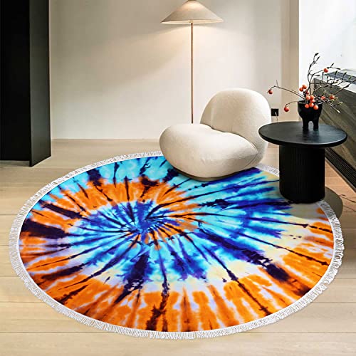 Benefeet Sox Beach Towel Large Round Mandala Pool Towels Tassels Microfiber Quick Dry Beach Blanket Throw Bohemian Roundie Swim Pool Circle Towel, 59 Inches - color: Tie Dye, Blue Orange