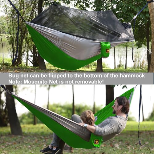 Camping Hammock with Net,Travel Portable Lightweight Hammocks with Tree Straps and Solid D-Shape Carabiners,Parachute Nylon Hammock for Outsides Backpacking Beach Backyard Patio Hiking - color: Green & Grey, size: Large