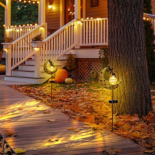 Fairy Garden Solar Lights Outdoor Decor, Moon Garden Stakes, Waterproof Outdoor Metal Decorations Gifts for Women and Mom, Art Moon Sculpture for Walkway, Yard, Patio, Garden and Porch, 2 Pack - size: 2