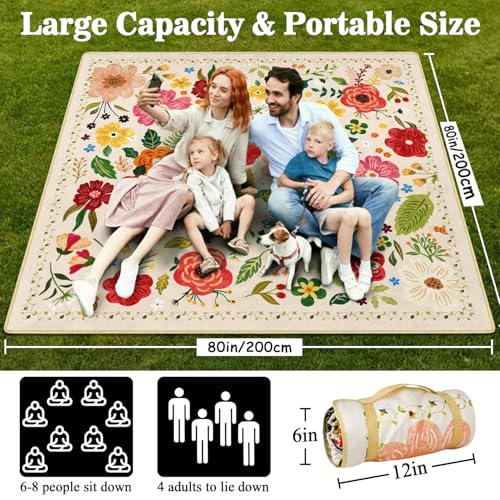 Picnic Blankets Waterproof Foldable Extra Large,80"x 80" Outdoor Beach Blanket Sandproof,3-Layer Lightweight Handy Mat Tote Picnic Camping Rugs for Outside Your Rv (Boho Vintage Floral) - color: Picnic Blankets 3