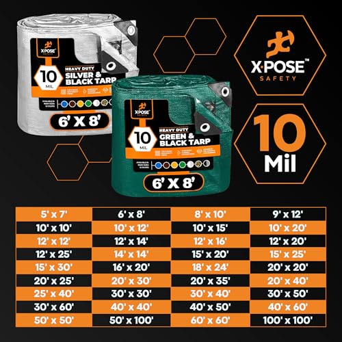 Heavy Duty Poly Tarp 10 Feet x 12 Feet 10 Mil Thick Waterproof, UV Blocking Protective Cover - Reversible Green and Black - Laminated Coating - Grommets - by Xpose Safety - color: Green/Black, size: 10 Feet X 12 Feet