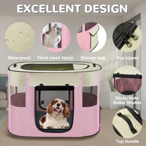 Portable Dog Cat Playpen with Waterproof Pad,Collapsible Pet Puppy Kitten Crate,Foldable Small Animals Kennel Cage for Indoor Outdoor Travel Camping,Water-Resistant Breathable Shade Cover (Pink M) - color: Pink, style: Medium(32*24*22)