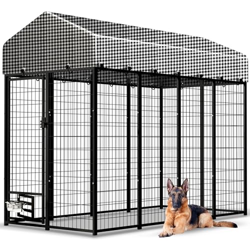 Large Outside Dog Kennel, Outdoor Dog Run Enclosure 8'x4'x6'（Including the roof） Dog Pen House with Roof Cover Heavy Duty Welded Wire Steel Dog Playpen Animal Fence with Feeding Door