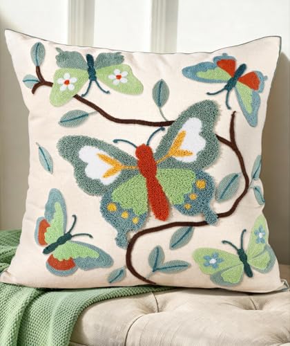 Embroidered Throw Pillow Cover 18x18 Inch - Spring Summer Boho Decorative Pillow Cover with Zipper for Living Room Couch Sofa Bed Aesthetic Design Branch Butterfly Cushion Pillowcase - color: Branch-butterfly, size: 18" x 18" (Pack of 1)