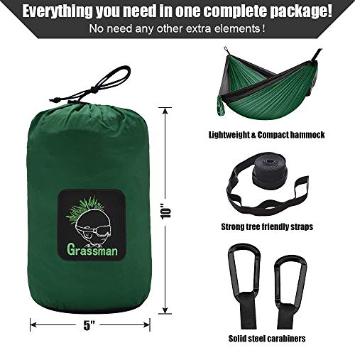 Grassman Camping Hammock Double & Single Portable Hammock with Tree Straps, Lightweight Nylon Parachute Hammocks Camping Accessories Gear for Indoor Outdoor Backpacking, Travel, Hiking, Beach - color: Dark Green & Black, size: One Person