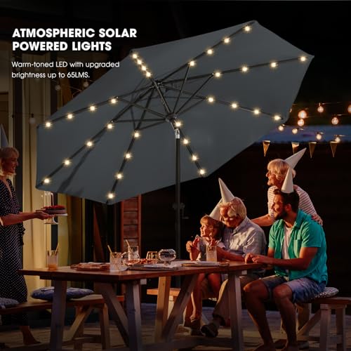 wikiwiki 10FT Solar Led Patio Umbrella with Base Included, 32 LED Lights, 8 Sturdy Ribs, Fade Resistant Waterproof POLYESTER DTY Canopy for Garden, Lawn, Deck, Backyard & Pool, Dark Gray - color: Dark Gray, size: 10FT