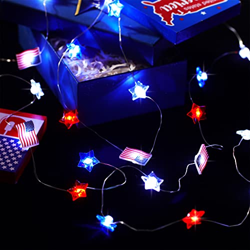 Zhanmai 2 Pcs 4th of July Decorations Lights Red White Blue String Lights 10ft 30 LED Patriotic Stars American Flag Battery Operated Decor for Fourth of July Independence Day, Star Flag - style: Star, Flag