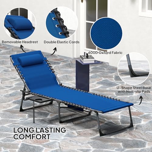 Outsunny Folding Chaise Lounge Chair Outdoor Tanning Chair with Side Table, 5-Level Adjustable Beach Lounge Chair with Headrest, Side Pocket for Patio, Backyard, Beach, Poolside, Dark Blue - color: Dark Blue