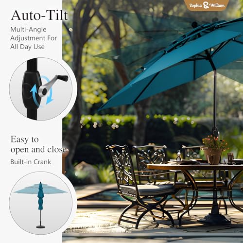 Sophia & William 10ft 3 Tier Auto-tilt Patio Umbrella,Wind Resistent,Outdoor Patio Umbrellas Double Vented Umbrella with Crank for Pool Garden Backyard, Cyan-blue - color: Cyan