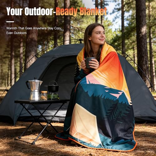 Tirrinia Waterproof Outdoor Blanket with Sherpa Lining, Windproof Triple Layers Warm Comfy Foldable for Camping Stadium, Beach, Picnic, Grass, Concerts, Car, Dog, 51''X 59'' & 59''X 80'' - color: Orange Sun, size: 51” x 59”