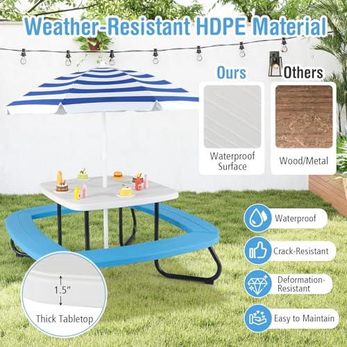 HONEY JOY Kids Picnic Table, 8 Person Toddler Outdoor Table and Chair Set, 4 Built-in Benches, Removable Umbrella, Metal Frame & HDPE Top, Children Outdoor Furniture for Backyard Patio Garden (Blue) - color: Blue