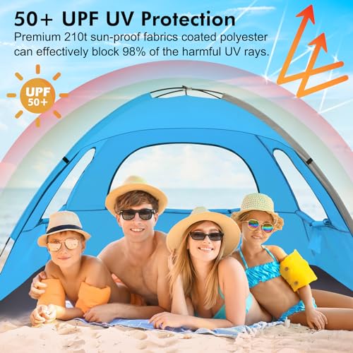 WhiteFang Beach Tent Anti-UV Portable Sun Shade Shelter for 3/4/6/8 Person, Extendable Floor with 3 Ventilating Mesh Windows Plus Carrying Bag, Stakes and Guy Lines - color: Blue, size: 4 Person