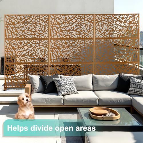 Modern Metal Privacy Screen, Patio Outdoor Privacy Panels with Stand, Freestanding Outdoor Divider for Yard, Deck＆Garden(71.3"*47.3"*15.7") - color: Brown,Leaf Vein