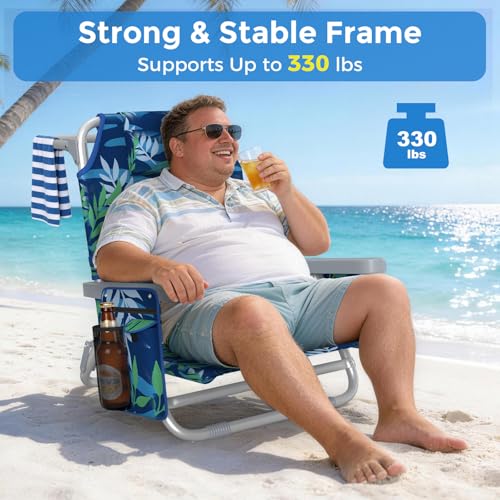 5-Position Backpack Beach Chair for Adults with Lumbar, Foldable Tall Heavy-Duty Beach Chairs with Cooler Bag,Cup Holder,Towel Rack for Beach, Camping, Outdoor (1, Blue&Green) - color: Blue&green, size: 1 pack