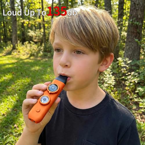 Multifunctional Survival Emergency Whistle for Kids with Compass Hiking Survival, Thermometer & Neck Lanyard | Emergency Safety Gear for Hiking, Camping, Kayaking, Boating, Climbing - color: orange red