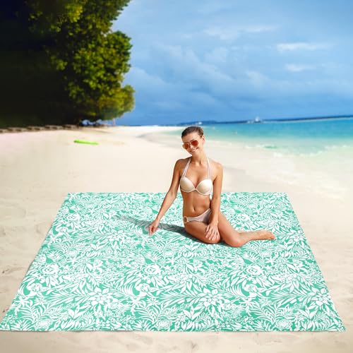 Beach Blanket, Waterproof Sandproof Beach Mat with 4 Stakes & 4 Pockets, 78''×86'' Large Compact Lightweight Sand Free Outdoor Essentials for Beach, Picnic, Travel, Camping - color: Larkspur Mint, size: 6.5x7.2 FT (1～4 person)