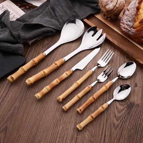 Dinner Knife Set with Bamboo Handle, 8-Piece Stainless Steel Shiny Silver Dinner Knives, Creative Design Table Knives for Home Restaurant, 8.74 inch, Handcrafted - color: 8-Piece Dinner Knife