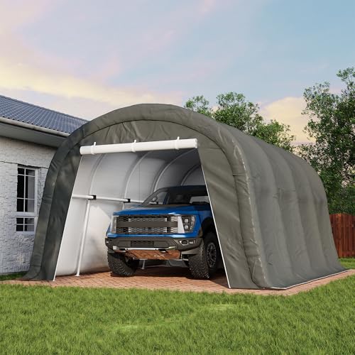 COSIEST 13'×20' Storage Shelter Outdoor Round Carport, Heavy-Duty Garage Canopy with Dual Roll-Up Doors Weatherproof PE Cover, Multi-Purpose Vehicle/Tractor Shed for Backyard/Driveway/Farm(Gray) - color: Gray, size: 13x20 FT