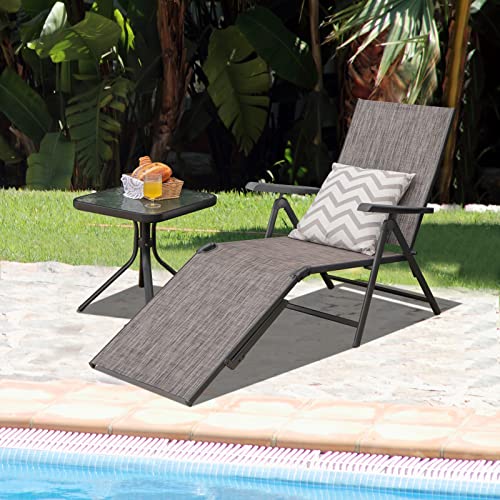 Tangkula Folding Lounge Chair Outdoor, Recliner Chaise Lounge with 5-Position Adjustable Backrest & 2-Position Footrest, No Assembly Required, Suitable for Patio Poolside Beach Yard (1, Grey) - color: Grey