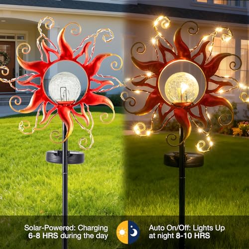Solar Lights Outdoor Waterproof Red Sun Metal Crackle Glass Stake Decorative for Outside,Yard,Lawn,Patio,Walkway Mothers'Day Gifts Mom Grandma Garden Lover - color: Red