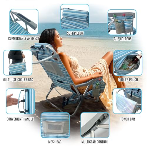 Backpack Beach Chair Aluminum 2 Pack with Folding Camping Table 5-Position Lay Flat Lounge Chair Outdoor for Adults with Insulated Cooler Bag and Cup Holder - color: Blue, size: 2 PACK