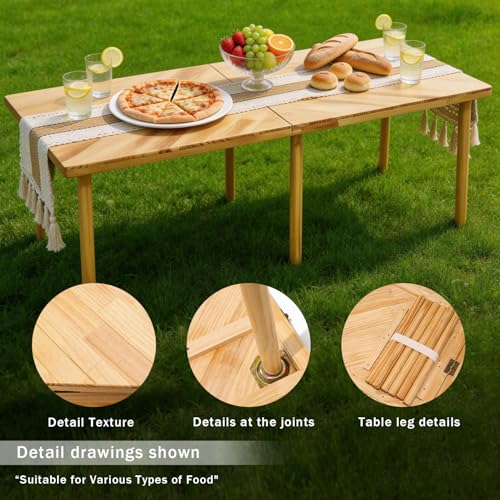Boho Picnic Table, Portable Low Floor Sitting Table, Outdoor Folding Low Picnic Table for 6 Person, Wooden Low Table with Table Runner for Backyard, Beach, Camping, Wedding
