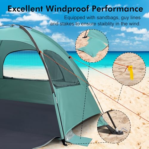 WhiteFang Beach Tent Anti-UV Portable Sun Shade Shelter for 3/4/6/8 Person, Extendable Floor with 3 Ventilating Mesh Windows Plus Carrying Bag, Stakes and Guy Lines - color: Beach Glass, size: 3 Person