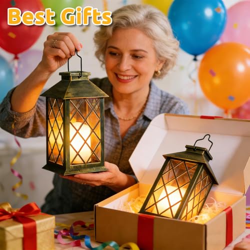 Solar Lanterns Outdoor Waterproof, 2 Pack 9" Glass Hanging Solar Lights with Flickering Flameless Candle, Outdoor Lanterns for Patio Wall Porch Table Garden Yard, Gift for Women Mom - Bronze - size: Bronze 9"