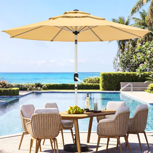 9FT 3-Tier Aluminum Outdoor Patio Umbrella, Fade-Resistant Market Umbrella with Push Button Tilt Function, 8 Sturdy All-Aluminum Ribs for Gardens, Patios, Backyards & Pools - color: Beige, size: 9FT-3Tier (Aluminum Umbrella)