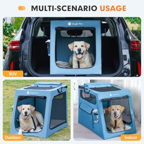 Snagle Paw Portable Dog Crate for Car Travel, Collapsible Large Dog Travel Crate with Metal Frame & 3-Door Mesh Windows, Secures in Trunk/Backseat, Soft-Sided Kennel Carrier for Medium Large Dogs-XL - size: 33.6"L x 24.0"W x 26.0"H