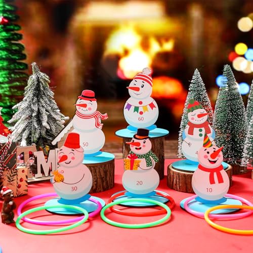 Jenaai 32 Pcs Christmas Wooden Nutcrackers Ring Toss Game, Christmas Ring Toss Game Set for Family Indoor Outdoor Play Xmas Party Supplies Decoration - style: Snowman