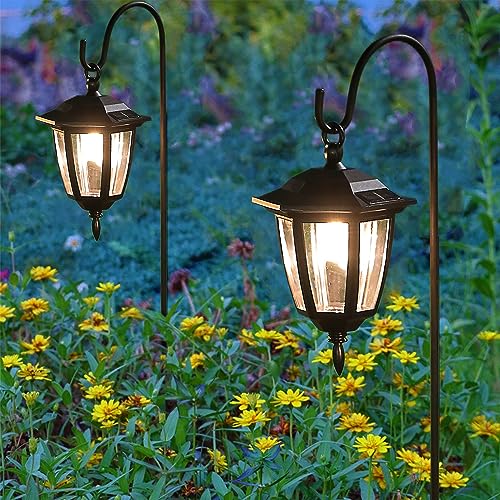 Dynaming 4 Pack Solar Hanging Lights Outdoor, Solar Powered Garden Decorative Lanterns with 4 x 38 Inch Shepherd Hooks, Waterproof Landscape Lighting for Lawn Patio Yard Pathway Driveway, Warm White - size: 4 Pack