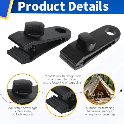 60 Pcs Heavy Duty Tarp Clips, Premium PA Tarp Clamps Kit with Lock Grip, Bungee Cords and Carabiners for Secure Fastening Awning, Swimming Pool Cover, Canopy, Shade Cloth, Camping Tents Accessories