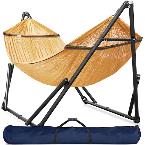 Tranquillo Universal Double Hammock with Stand Included for 2 Persons 600 lbs Capacity Portable Foldable with Case - Indoor, Outdoor, Camping, Yellow - color: 1. Yellow