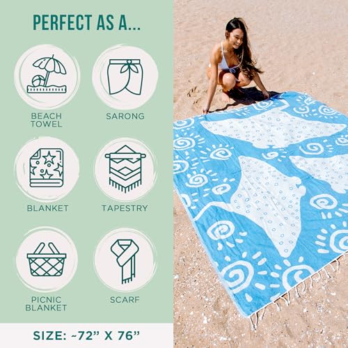 Sand Cloud Extra Large Turkish Beach Towel - Sand Free - 100% Organic Turkish Cotton Yarn - Quick Dry Towel for Beach, Picnic, Blanket or Bath - As Seen on Shark Tank - Marine Life (Manta Ray) - color: Manta Ray, size: X-Large