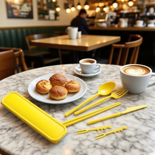 Straw Portable Travel Utensils with Case, Reusable Camping Utensil Sets for Work School Adults or Daily Use Cutlery Set - Fork And Spoon Set For Lunch Box (Yellow) - color: Yellow