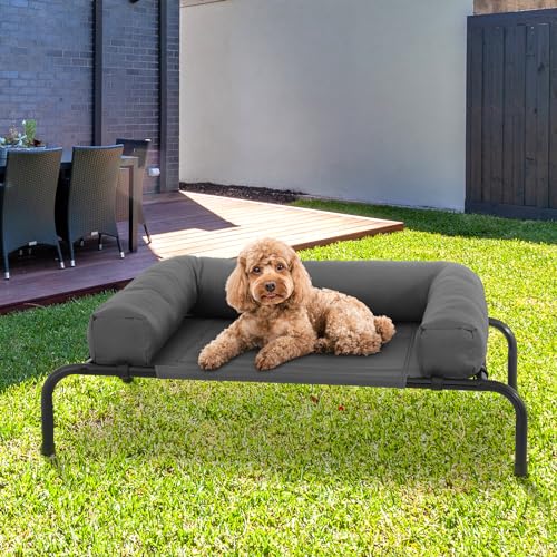 Magshion Cooling Elevated Dog Bed w/Removable Bolster, Portable Raised Outdoor Indoor Dog Cots Chew Proof Pet Hammock with Breathable Mesh for Small Dogs up to 50 lbs, Dark Gray