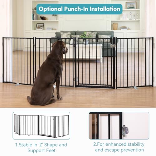 No Pawblems Free Standing Dog Gate with Door, 30'' Tall Foldable Dog Fence for Indoor & Outdoor, Up to 104 Inch Extra Wide Puppy Gate for Stairs, Hallways, Doorways, Deck, Yard (Black, 4 Panels) - color: Black, size: Up to 104" W, 4 Panels