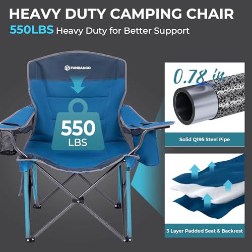 FUNDANGO Oversized Camping Chairs for Adults, Heavy Duty Fold Up Sports Games Lawn Chairs, Extra Wide Big Man Outdoor Chairs with Padded Lumbar Support Backrest, Bag Included for Camp, Outside, Beach - color: Blue/Grey With Lumber Support 1 Pack