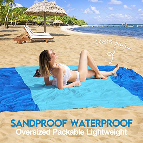 BYDOLL Nylon Beach Blanket Waterproof Sandproof Oversized 7'x7' Suits 1-5 Adults Sand Free Extra Large Blanket Lightweight Soft Picnic Mat for Beach Travel Camping - color: Blue2, size: 7'x 7'